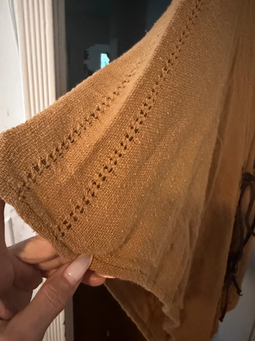 Caravana Brown Handwoven Fringe Kaftan Poncho Leather Belt One Size